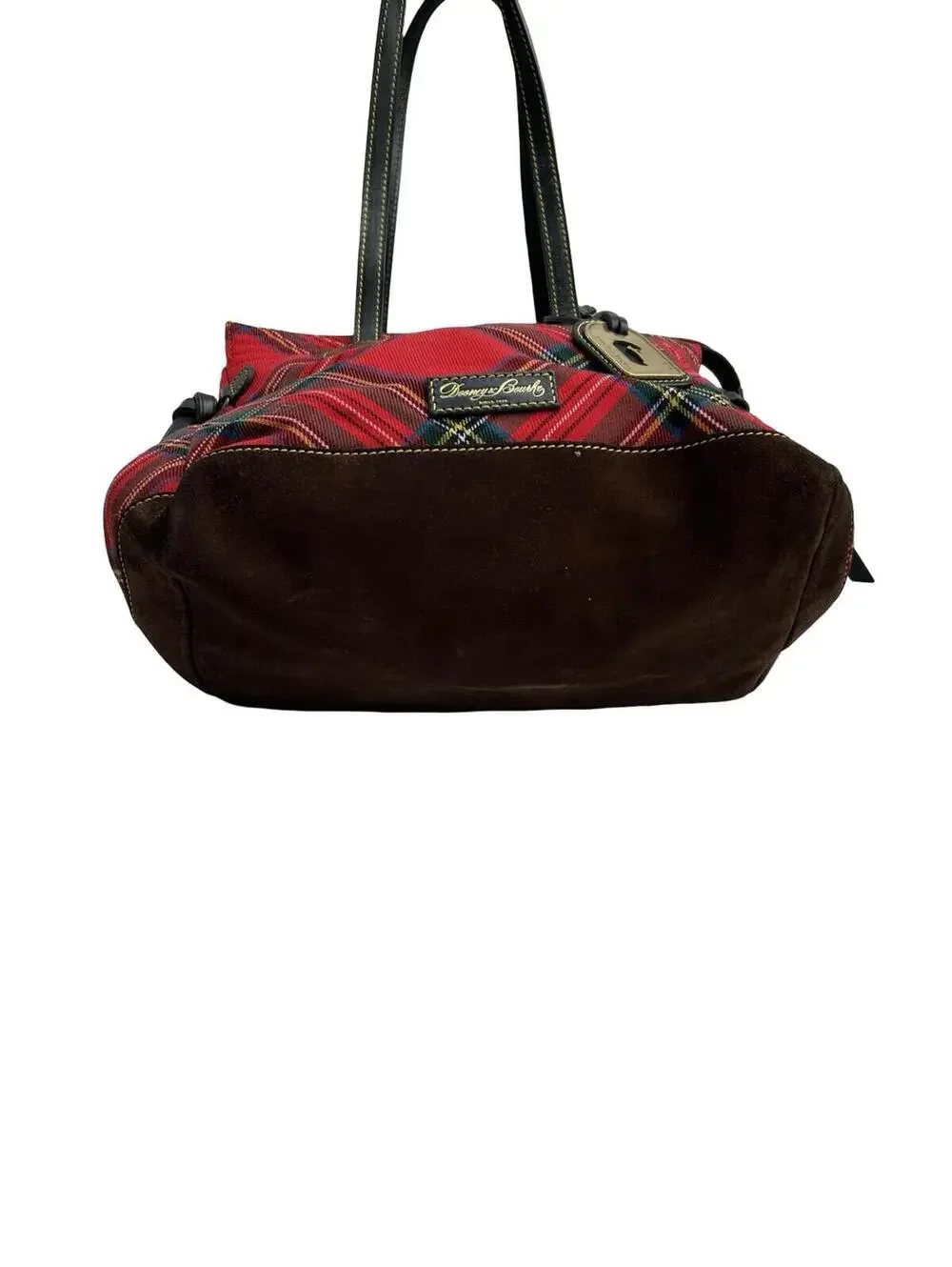 Dooney & Bourke Red Tartan Plaid Tote Bag Leather Trim Brass Duck Charm Large - Picture 3 of 10